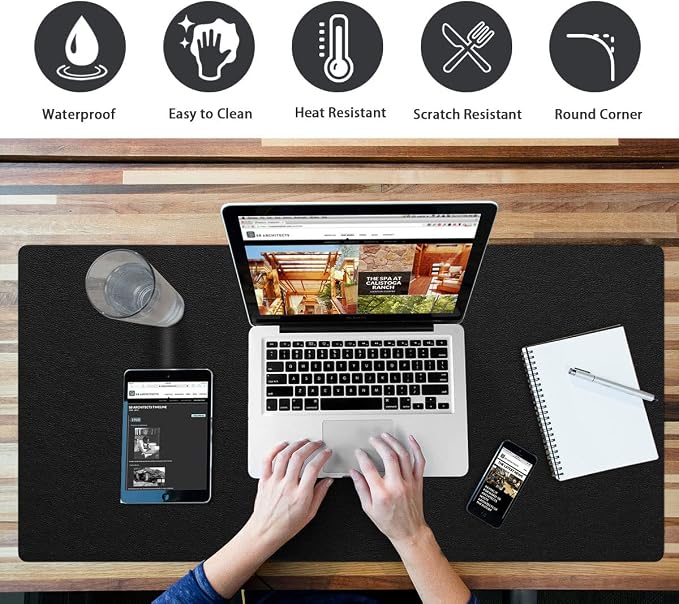 Desk Protector - Non-Slip PVC Leather Office Mat for Desktop - Waterproof Writing Pad (Black, 14" x 30")