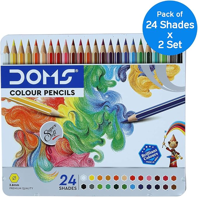 Doms Supersoft Non-Toxic Colour Pencil Set in Flat Tin Box (24 Assorted Shades x 2 Set), Multicolor (DM7206P2)