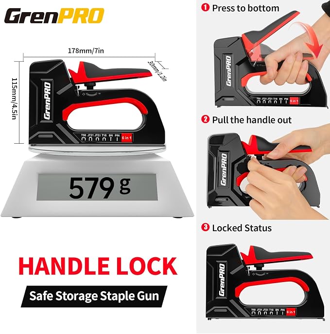 GRENPRO Staple Gun, 6-in-1 Manual Brad Nailer with 5000 Staples, Upholstery Stapler Gun for Wood, Carpentry, DIY Crafts, Furniture