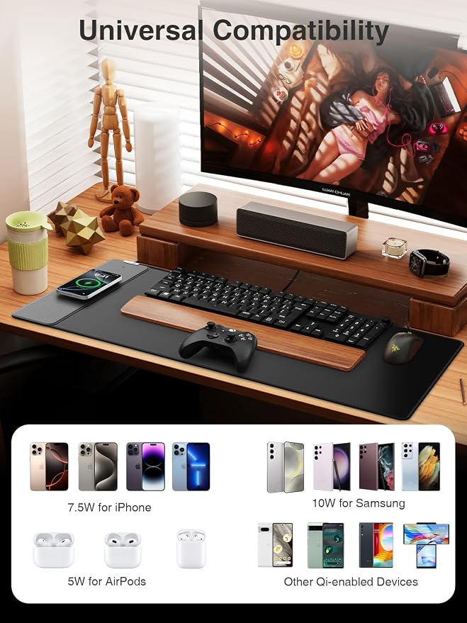 Magnetic Wireless Charging Mouse Pad, 31.5"x15.8" Large Desk Mat | Waterproof Mousepad, Smooth Glide, Stitched Edge, Non-Slip Rubber Base, Desk Pad Computer Keyboard Mat, No Adapter