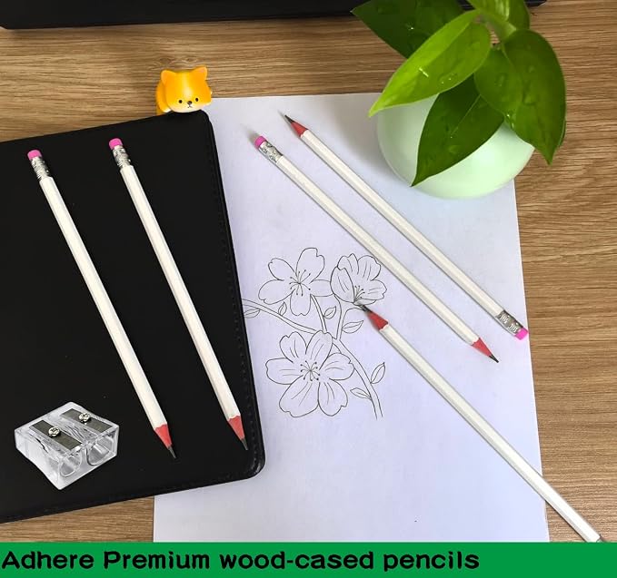 Adhere 25pcs Woodcase Pencils with Eraser Premium Pre-Sharpened Hexagon Graphite 2B pencils ideal for home, office writing including a Free Sharpener(White・25pcs)