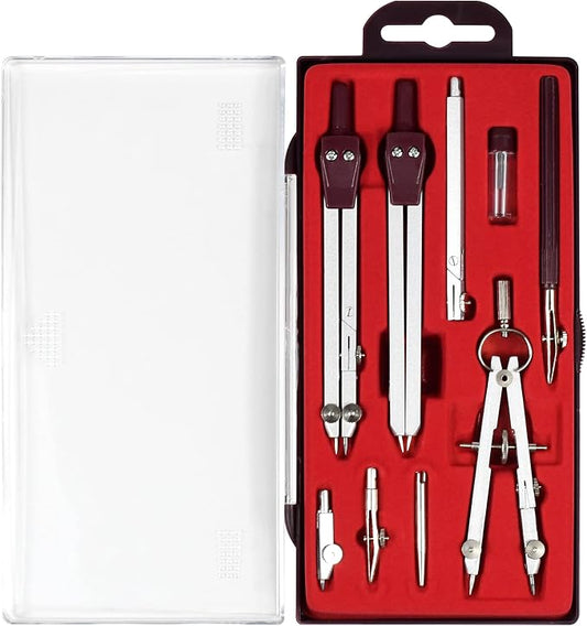 UNJOO 9Pc Geometry Set Metal Compass, Geometry Precision Tool (Red) | Circle Drawing Tool and Architecture, Drafting Kits for Engineer with Shatterproof Storage Box