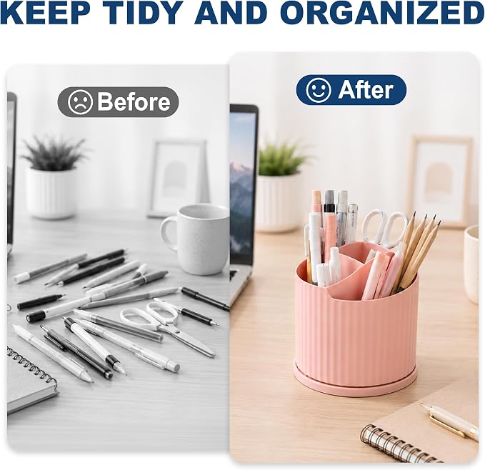 Desk Organizer, 360° Rotating Pen Holder with 5 Compartments, White | 5 Compartments, Pencil Cup, Storage Box Caddy, For Kids, Office, School, Home
