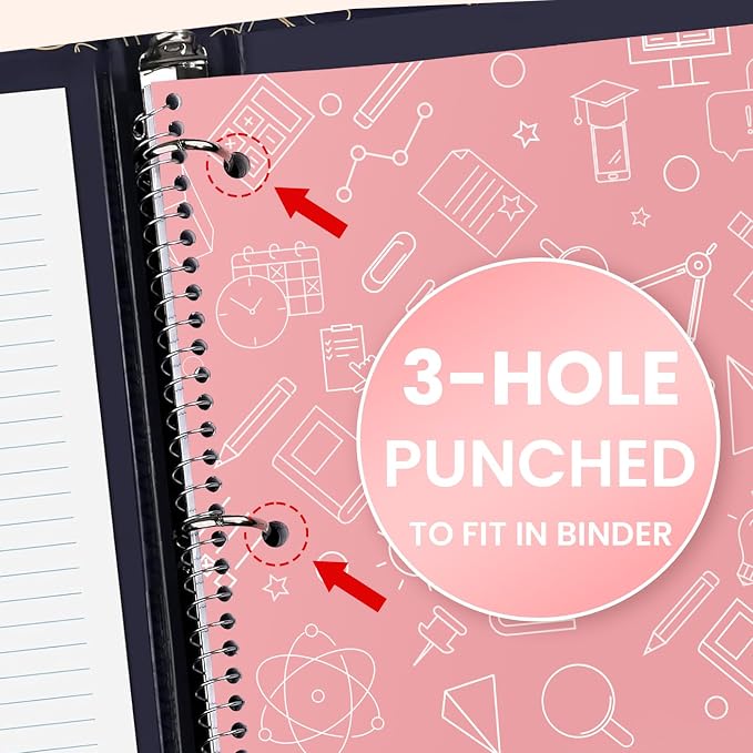 Oucaru College Ruled Spiral Notebooks, 8x10.5 Subject Notebook for School | 3 Pack 1-Subject Notebooks with 70 Sheets Per Book, 3-Hole Punched Lined Paper, for Writing Journal, Home & Office