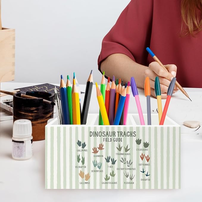 Dinosaur Tracks Nursery Pen Pencil Holder Organizer for Desk, Dino Footprints Educational Wooden Box Signs Decorations for Kids Nursery Room Desk Tabletop, Dinosaur Gifts for Kids Boys