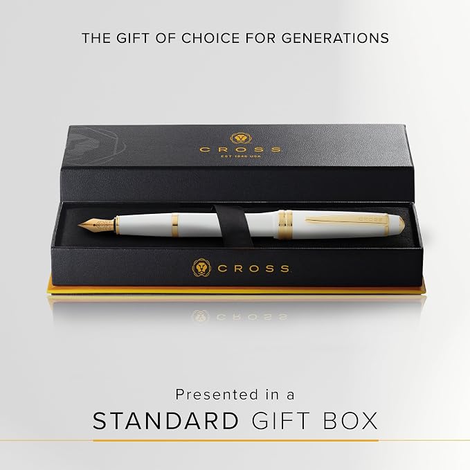 Cross Bailey Light Polished White Resin and Gold Tone Extra-Fine Nib Fountain Pen - Professional Pen for Effortless Writing - Journaling, Note-Taking & More - Black Ink - Easy Handling