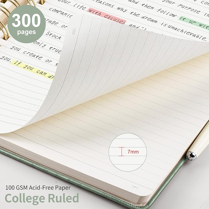 EMSHOI Lined Spiral Journal Notebook, 300 Numbered Pages, B5 (7.4"x10") | College Ruled, Leather Hardcover, 100 GSM Thick Paper, for School, Writing, Work, Office & Journaling (Light Green)
