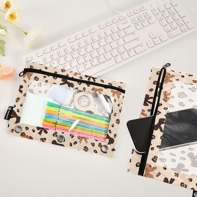 ALAZA Leopard Print Cheetah Bow Pattern Pencil Pouch for 3 Ring Binder 2 Pack Zipper Binder Pencil Bag Case with Clear Window Office Supplies