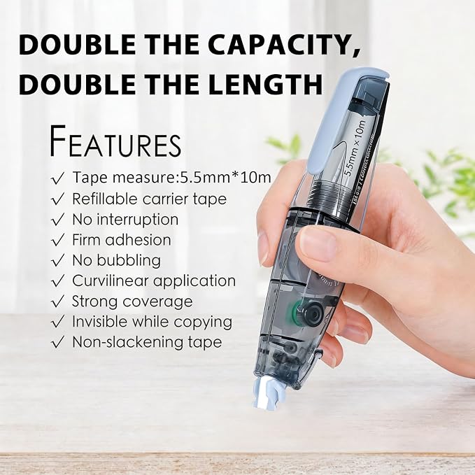 High-capacity Refillable White Correction Tape,32.8 Feet x 0.2”, 2-Count of Extra-long Correction Tape with Easy to Use Pen Shaped Applicator,Fast, Clean and Tear-Resistant for Office School Supplies