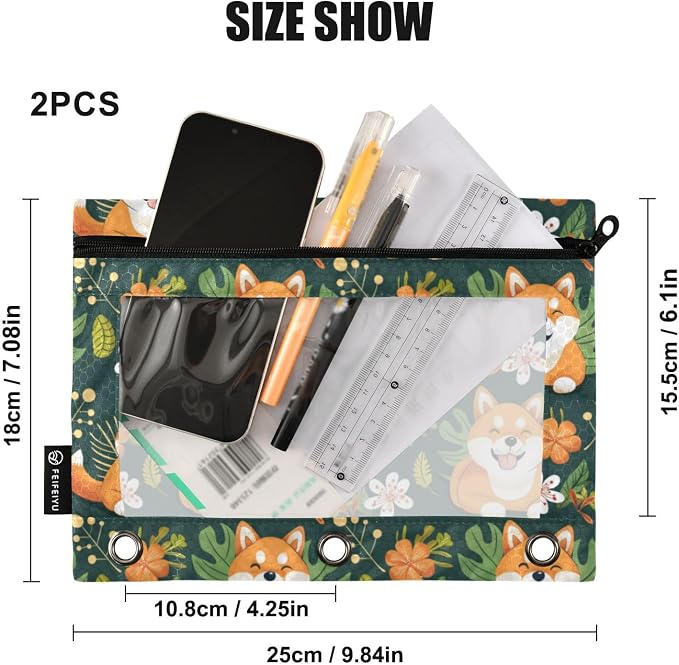 Binder Pencil Pouches, Shiba Inu Dog Pen Case with Clear Window 3 Rings Pen Case Holder Office Supplies