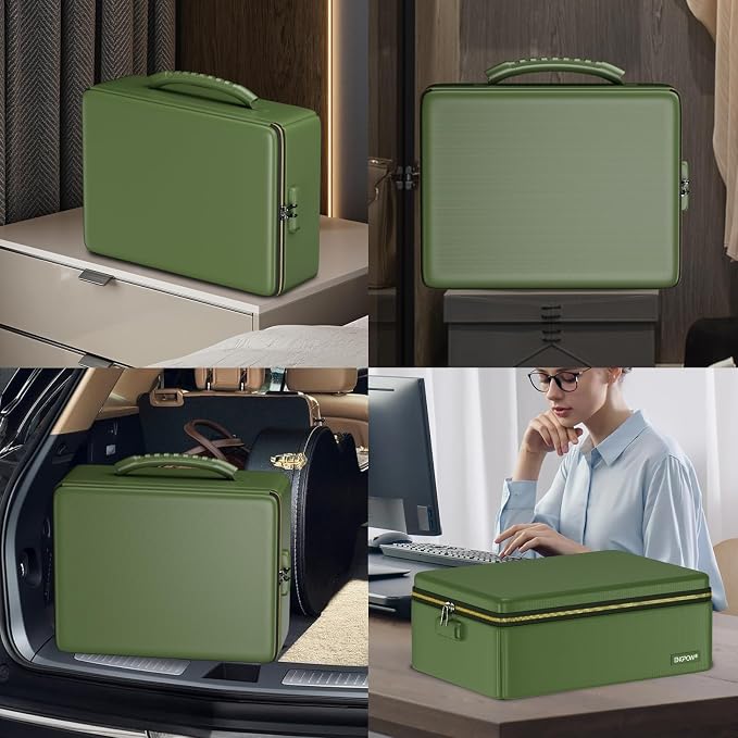 ENGPOW Fireproof Document Box with Lock & Heat-Resistant Fireproof Zipper | 6400°F 12-Layer Fire Protection, Hard File Organizer with Pockets, Portable Home Chest Safe Storage for Money,Jewelry, Green