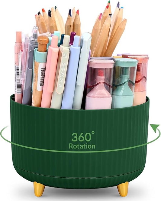 KONVINIT Pencil Pen Holder for Desk, 5 Slots 360-Degree Rotating Desktop Organizer, Cute Desk Organizers and Accessories for School, Home, Office and Art Supply, Dark Green