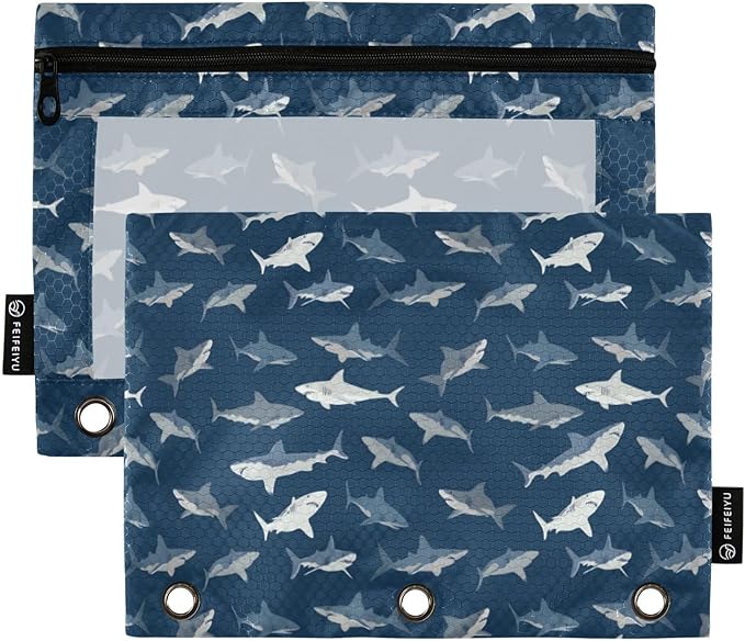 ALAZA Pencil Pouch for 3 Ring Binder, Blue Ocean Sea Shark Fish Binder Pencil Pouches with Clear Window Zipper Pencil Case Cosmetic Bags for Office College Supplies, 2PCS