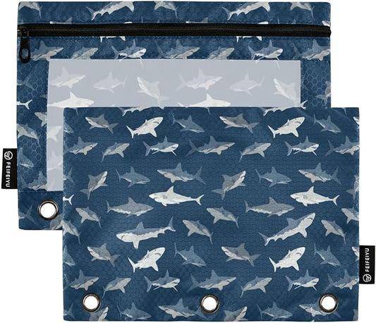 ALAZA Pencil Pouch for 3 Ring Binder, Blue Ocean Sea Shark Fish Binder Pencil Pouches with Clear Window Zipper Pencil Case Cosmetic Bags for Office College Supplies, 2PCS