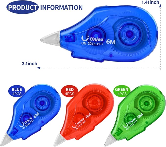 Unjoo White Correction Tape, For school, Office(12pack, 6Mx0.2,3 colors) | Easy To Use Applicator, Fast Clean Tear-Resistant Tape, 6M/256", Tape Width 0.2in