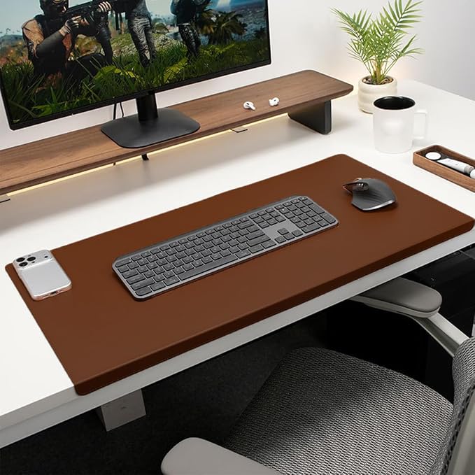 Edge-Locked Leather Desk Pad, Desk Blotter with Full Grip Fixation Lip, Waterproof Large Office Table Mat, Non-Slip Laptop Mouse Pads for Work Typing Writing (Brown,39.4"x23.6")