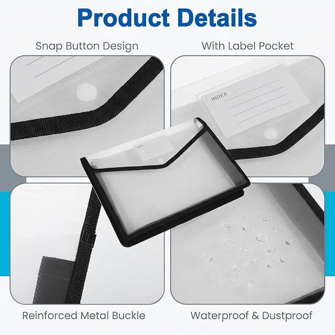 2 Pack Clear Expanding File Organizer Envelope Important Document Folder with Snap Closure Plastic Document Holder File Folder Large Capacity with Black Trim Fit Letter/A4 Size