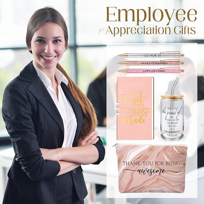 Funnymoom 6 Pcs Appreciation Gifts Set for Women Back to School Teacher Gifts Employee Thank You Gift with 17 oz Glass Tumbler Journal Pens and Pouch for Coworkers Educators,Marble,Pink