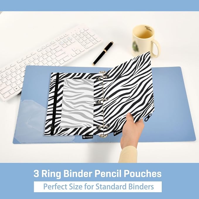 Zebra Print Pencil Pouch Fits standard 3-ring binders, Zipper Binder Pencil Bag with Clear Window for Class Office 2 Pack