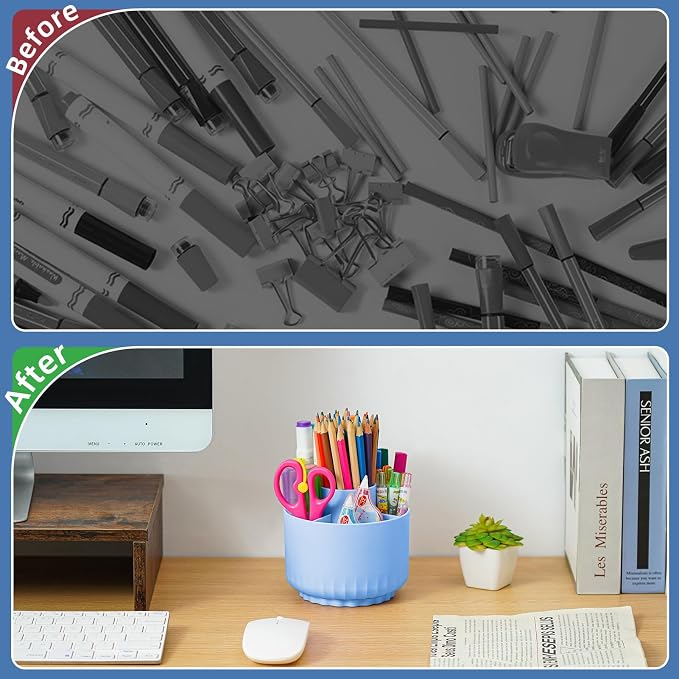 Marbrasse Desk Organizer, 360-Degree Rotating Pen Pencil Holder, Desk Organizers and Accessories with 5 Compartments Pencil Organizer, Art Supply Storage Box Caddy (Sapphire Blue)