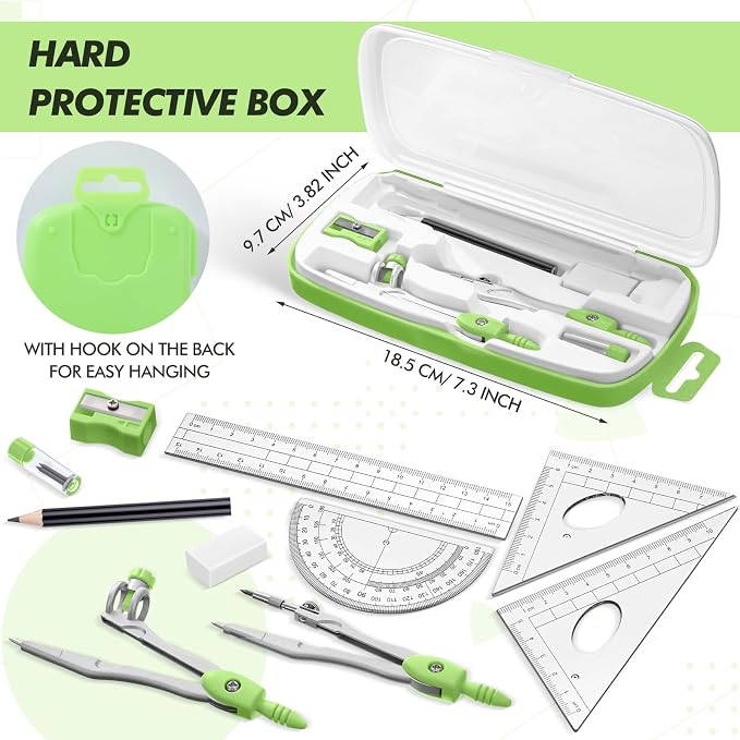Zonon Math Geometry Set for Students 10 Pcs Compass Geometry Tools Kit Includes Protractor Compass Lead Refills Rulers Pencil Sharpener Eraser Pencil Storage Box for Drafting and Drawings(Green)