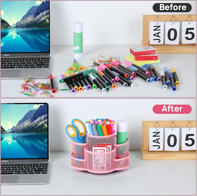 Topwey Pink Pen Holder for Desk, Rotating Pencil Holder, Cup Holder for Desk Office, Pen Organizer