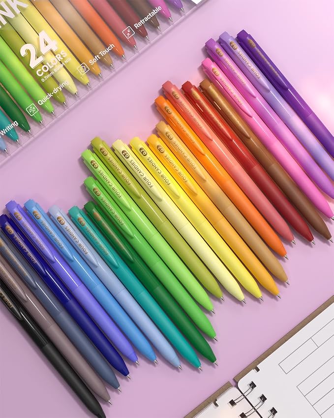 Four Candies Quick Dry Ink Colorful Pens Set, 24 Colors | 0.7mm Fine Point Colored Pens for Note Taking & Drawing, Colored Gel Pens with Comfort Grip for Office & School Supplies