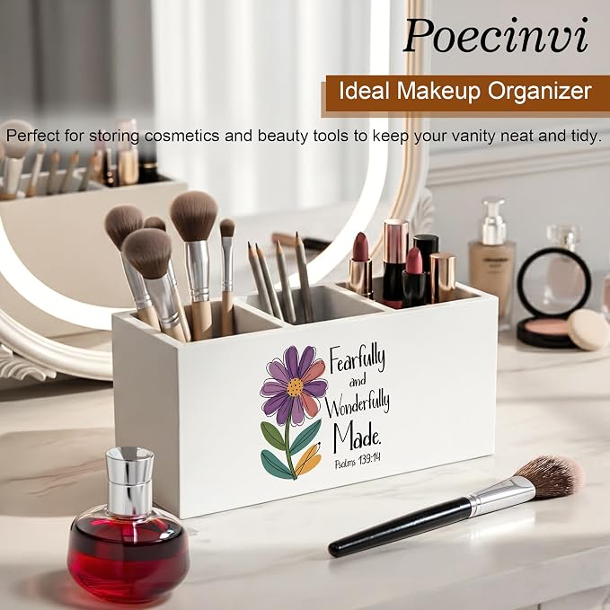 Boho Floral Inspirational Christian Pen Holder for Home Office Desk, Fearfully and Wonderfully Made Bible Verse Wooden Box Sign Pencil Holder for Desk Shelf Organizer