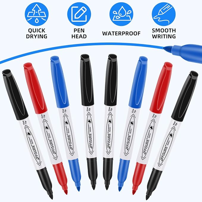 Permanent Markers, Black, Blue, Red, 15 Pack, Fine Point，Assorted Colors Set, Works on Wood, Plastic, Metal, and More, for Adults, Artist, Teacher, Kids