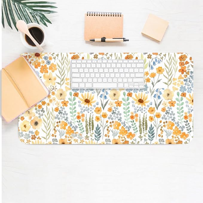Flower Large Mouse Pad, Floral Desk Matt for Desktop, PU Leather Waterproof Desk Pad, Computer PC Laptop Protector Gaming Mouse Pads for Women Office Decor (23.6" x 11.8")