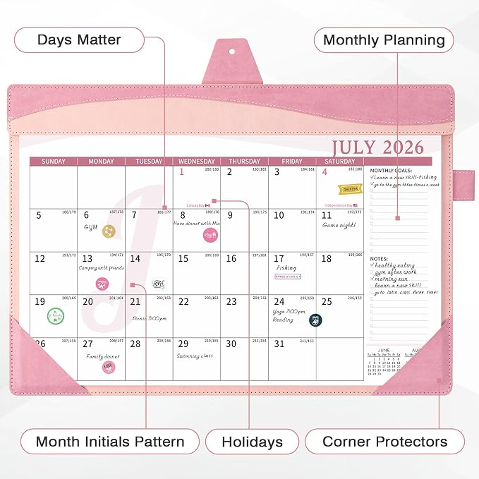 Ospelelf Desk Calendar 2026-2027 Large 12"x17" Leather Monthly Planner Pad with Protective Cover 18 Months Use July 2026 to December 2027 Pink