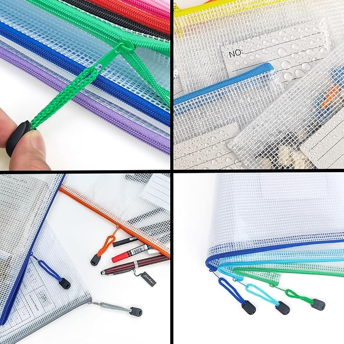 Plastic Mesh Zipper Pouch, 12 Pcs Zipper File Bags with Label Pocket, Game Boards Storage Bags, Waterproof Document Storage Bags for Office Home Travel Cosmetic (A4 Size 13.4 x 9.4 in)