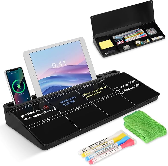 Desktop Glass Whiteboard with Storage, Weekly Calendar Desk White Board | Computer Keyboard Stand, Office Desk Organizers and Accessories with Drawer, To Do Memo Notepad, Home School Supplies