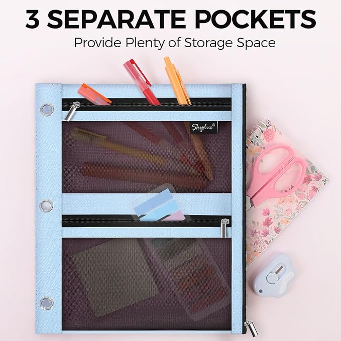 SKYDUE 3 Ring Pencil Pouch for Binder, Zipper Binder Pencil Pouch with 3 Pockets and Mesh Window, Durable Organizer for School Supplies, Cables, Earbuds, Makeup