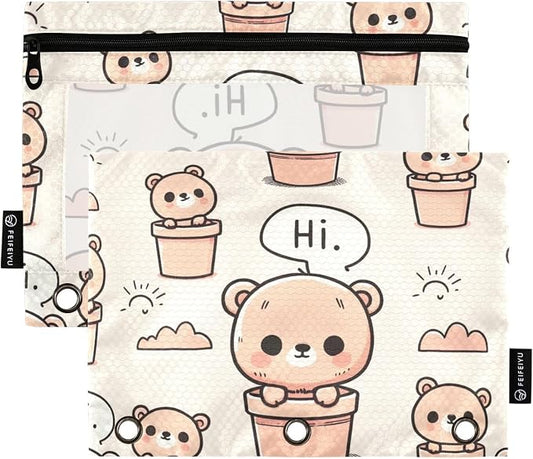 ALAZA Cute Teddy Bear Brown Pencil Pouch for 3 Ring Binder 2 Pack Zipper Binder Pencil Bag Case with Clear Window Office Supplies