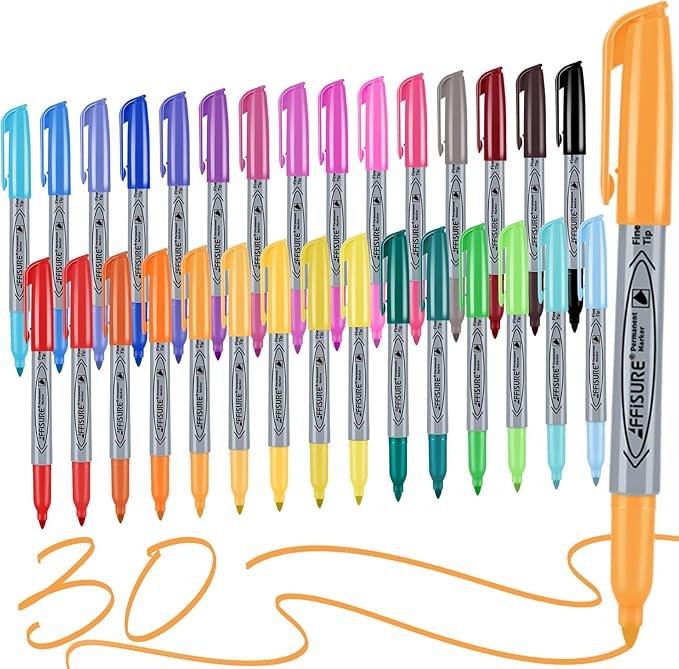 30 Colors Permanent Markers, 30 Pack Permanent Markers, Assorted Colors Marker，Fine Point, Fast Dry, Waterproof, work on Plastic, Glass, Metal, Wood and Stone