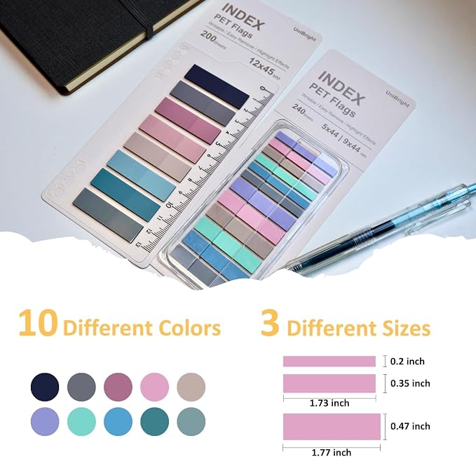 UniBright 440 pcs Sticky Tabs for Books, Transparent Repositionable Page Markers, Morandi Colors with Ruler & Dispenser, Writable Tabs for Notebooks and Bible, Office, School, Home Use