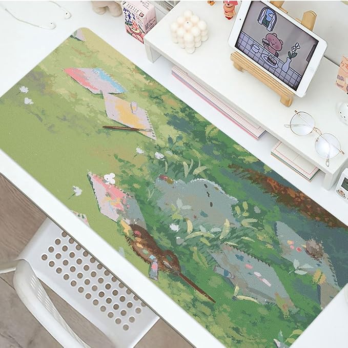 Cute Kawaii Cat Green Large Mouse Pad, PU Leather Desk Pad Protector, Non-Slip Computer Desk Writing Mat, Gaming Keyboard Mouse Pad, Office Desk Accessories
