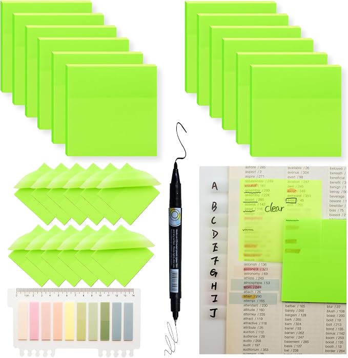 YOUDEFUL 800Pcs Transparent Sticky Notes, Bright Green Clear Sticky Notes, 3"x3" Waterproof Translucent Sticky Note Pads, Index Tabs, Clear Post it Notes for Bible Study, See Through Sticky Notes