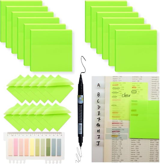 YOUDEFUL 800Pcs Transparent Sticky Notes, Bright Green Clear Sticky Notes, 3"x3" Waterproof Translucent Sticky Note Pads, Index Tabs, Clear Post it Notes for Bible Study, See Through Sticky Notes