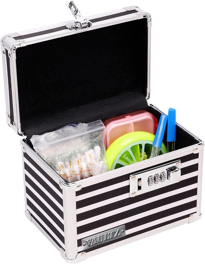 Vaultz Locking Medicine Box with Combination Lock - Secure Metal Lock Box Safe for Medication, Pills & Valuables, Small Lockbox with Code, Portable Storage Case, Striped | Metal lock box, storage case for medication and small valuables, 3-digit combina...