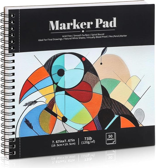 50 Sheets Marker Paper Pad, 7.6×7.6 Inch Bleedproof Art Sketch Pad, 73lb/120gsm Drawing Paper Spiral Sketch Book, Alcohol Marker Paper Painting Coloring Paper for Beginners, Artists, Ideal Gift