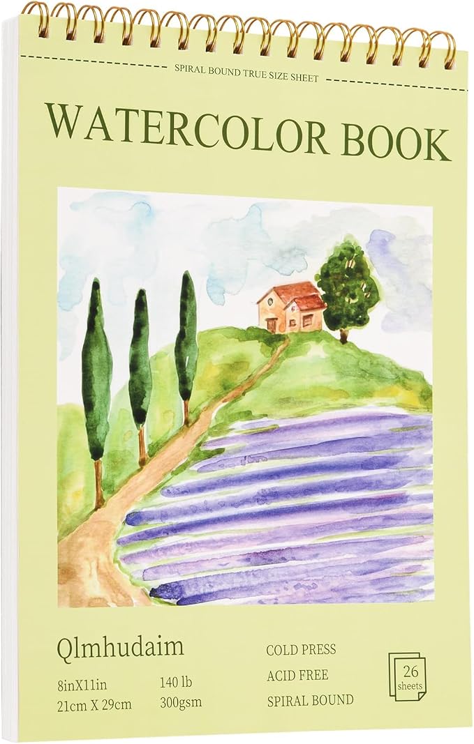 Qlmhudaim Watercolor Paper Pad 8" x11” (26Sheets, 140lb/300g) | Spiral Bound Tear Line Artist Mixed Media Sketchbook, Watercolor Paper for Adults Kids, Watercolor Sketches & Art Journals