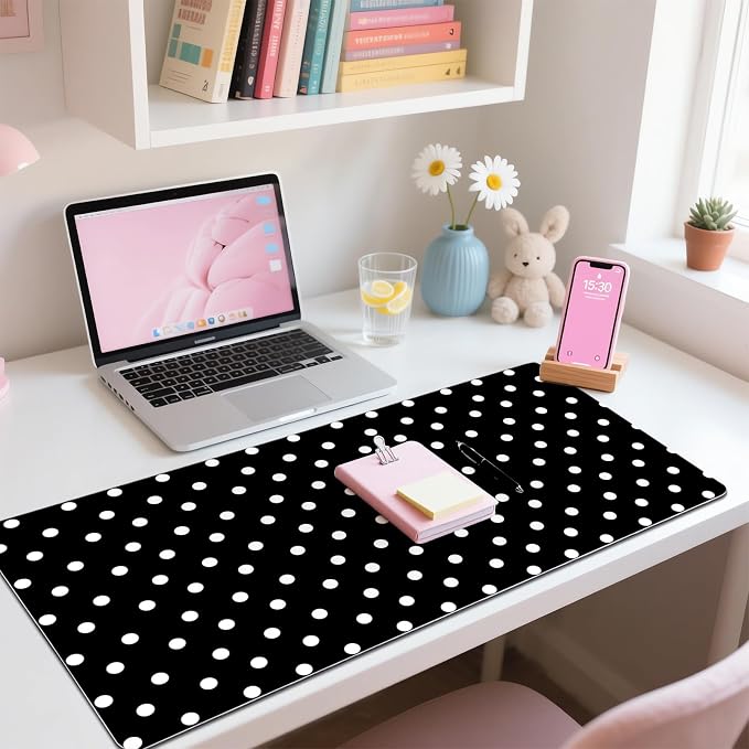 White Polka Dot Leather Desk Mat Extended Gaming Mouse Pad | Non-slip Large Writing Pad Laptop Blotter Computer Keyboard Mat | Cute Black Desk Protector for Home Office 27.6" x 13.8"