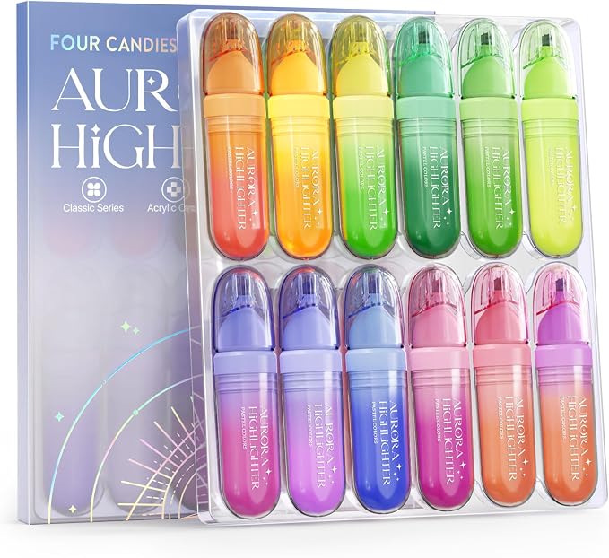 Four Candies 12 Pcs Highlighters Assorted Colors, Cute Pastel Highlighter Set, Dry Quickly, Soft Chisel Tip, No Bleed Highlighter, Aesthetic Highlighters