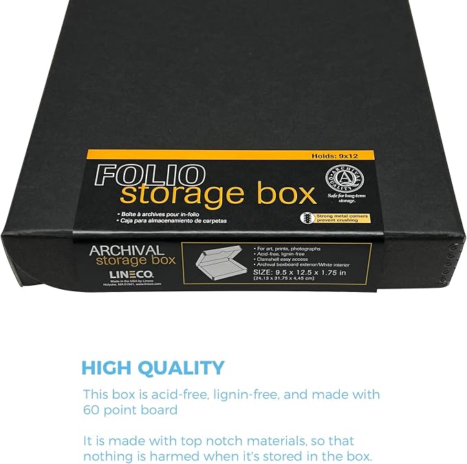 Lineco Archival Folio Storage Box. Metal Edge Archival Boxboard, Clamshell Lid. 9.5 x 12.5 x 1.75 inches. | Acid-Free with Metal Edge Boxboard, Organize and Store Photos Documents Cards Negatives Magazine Prints Family Records DIY