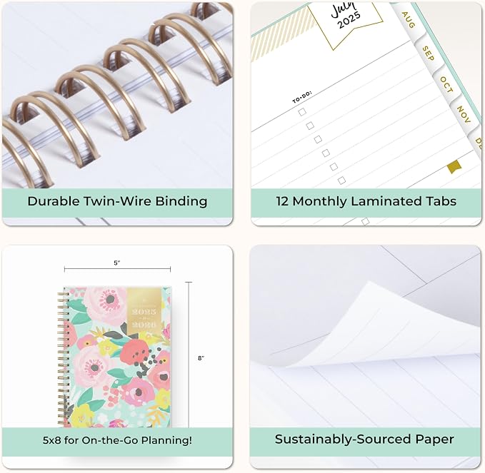 Blue Sky 2025-2026 Weekly & Monthly Academic Planner, 5"x8" | July 2025 - June 2026, Secret Garden Mint, Flexible Cover, Tabs, Storage Pocket, Stickers, Academic Year, Day Designer