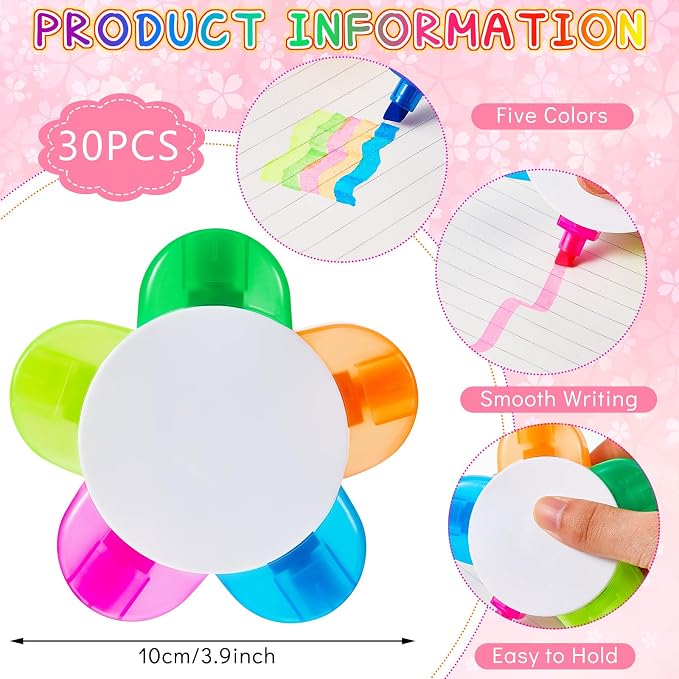Outus 30 Pieces Petals Highlighters Assorted Colors Back to School Flower Shape Watercolor Highlighter Pens 5-in-1 Fluorescent Pens for Office School Stationery Aesthetic Supplies,5 Colors