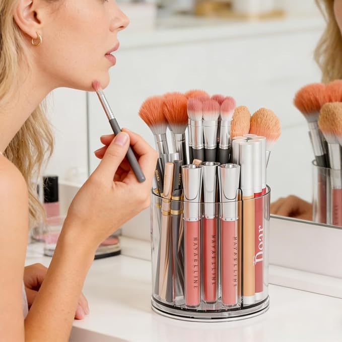 Yieach Rotating Acrylic Makeup Brush Holder for Vanity,Bathroom Countertop,Round Makeup Brushes Organizer,Spinning Cosmetic Brushes Holder,Make up Brush Storage and Office Desk Pen or Pencil Cup,Clear