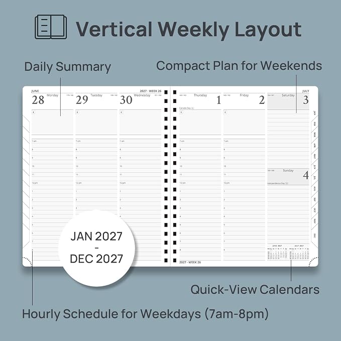 POPRUN 2027 Planner, 8.5'' x 10.5'', Weekly and Monthly Daily Calendar Book | 2027 Agenda(Jan - Dec) Appointment Book with Hourly Time Slots, Monthly Tabs, 100GSM, Spiral Leather Cover - Purple